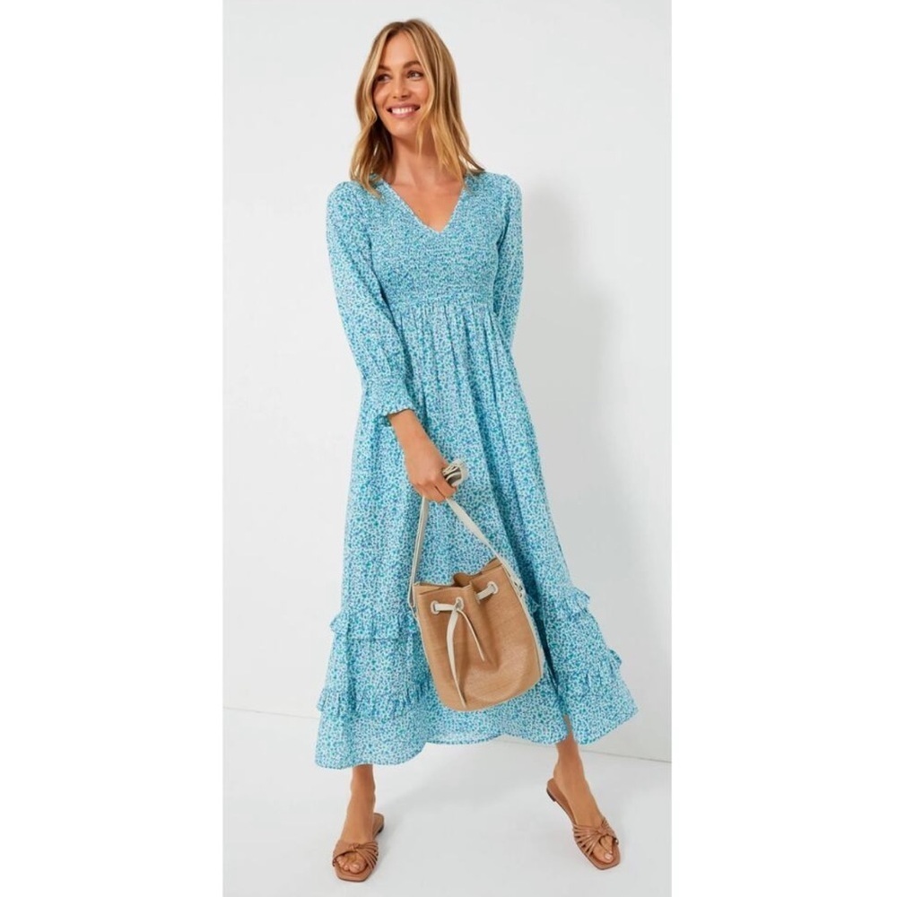 Pink City‎ Prints Ocean Ditsy Isabel V Neck Dress Smocked Maxi Long Sleeve